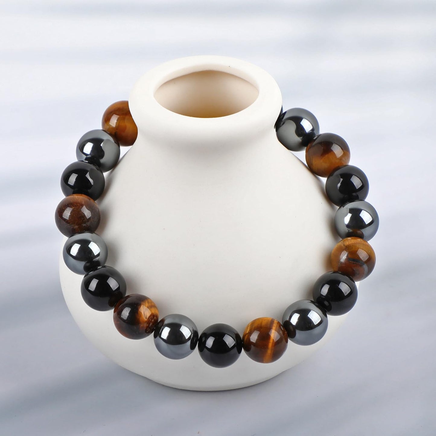 LPBeads Handmade Natural Gemstone Stretch Elastic 10mm Onyx Tiger Hematite Mixed Stone Bracelet Healing Crystal Round Stone Beads Jewelry Gifts for Women Men