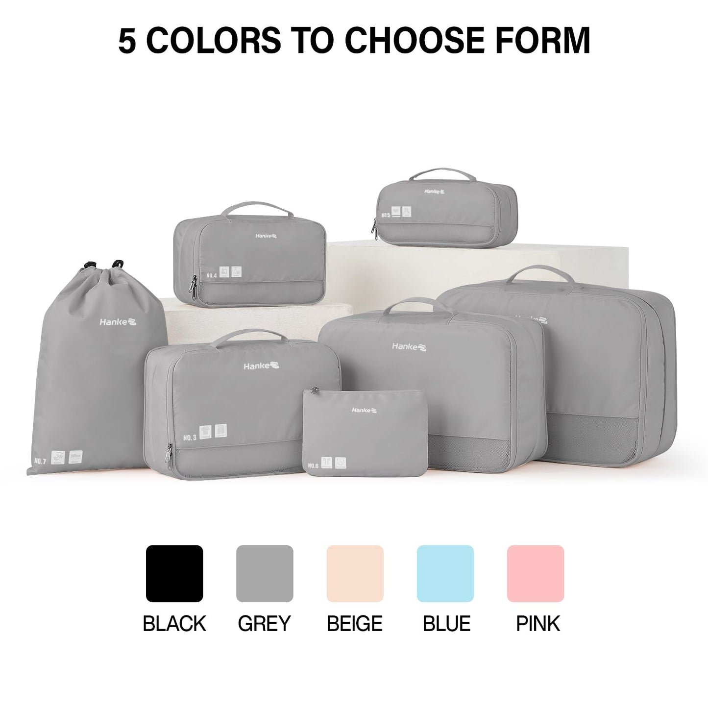 Hanke 7 Set Compression Packing Cubes for Travel, Expandable Large Packing Cubes for Suitcases and Backpack, Luggage Packing Organizer Bags with Double Zipper as Travel Essentials,Light Grey