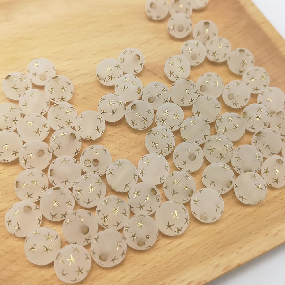 UUYYEO 200 Pcs 10mm Golden Star Round Beads Frosted Acrylic Beads Shiny Crystal Beads Chunky Beads Matte Craft Beads Plastic Jewelry Making Beads for Necklace Bracelet