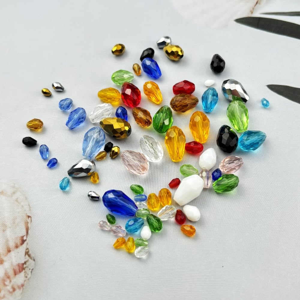 Xinhongo 340pcs Teardrop Crystal Glass Beads 3x5mm 4x6mm 6x8mm 8x12mm 10x15mm Vertical Hole Faceted Glass Spacer Beads for Necklace Bracelet Earrings DIY Jewelry Crafts(Grass Green)