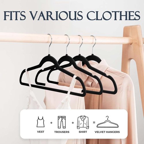 HOUSE DAY Black Velvet Hangers - 60 Pack with Clips & Leggings Organizers for Neat Storage