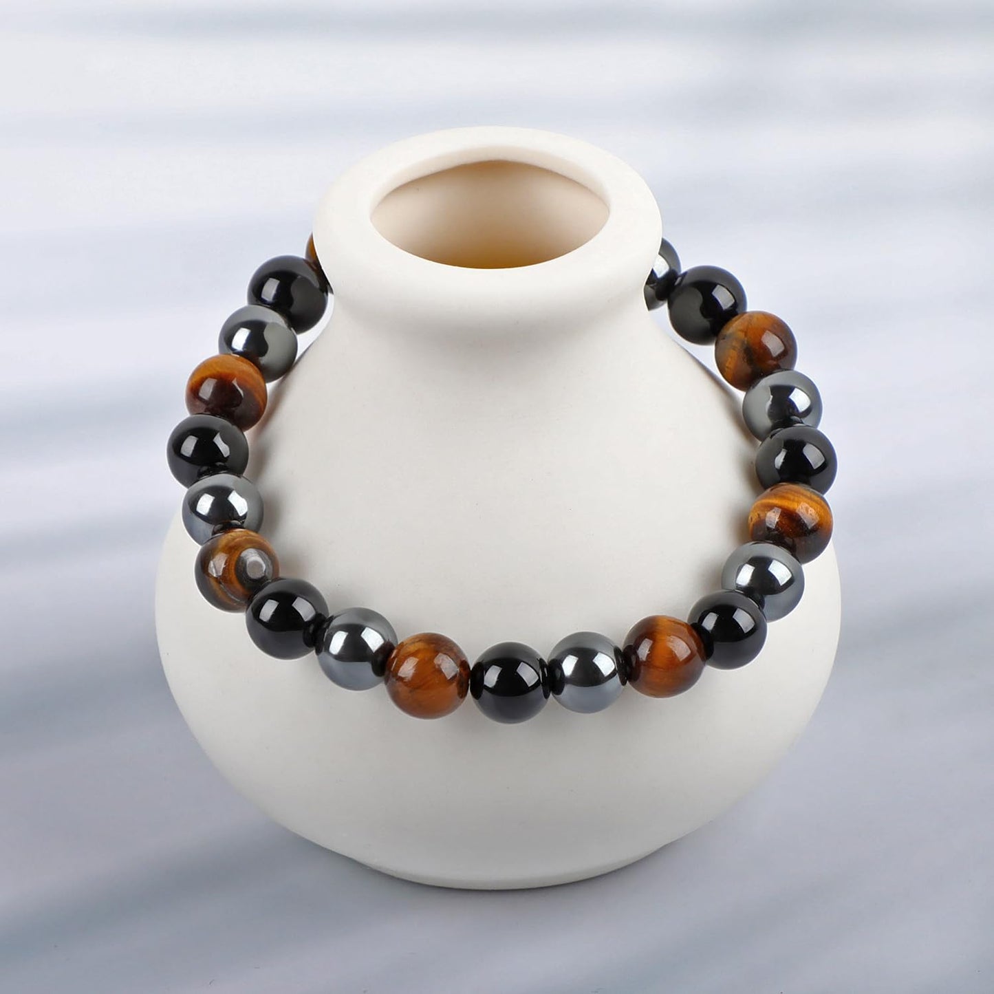 LPBeads Handmade Natural Gemstone Stretch Elastic 8mm Onyx Tiger Hematite Mixed Stone Bracelet Healing Crystal Round Stone Beads Jewelry Gifts for Women Men