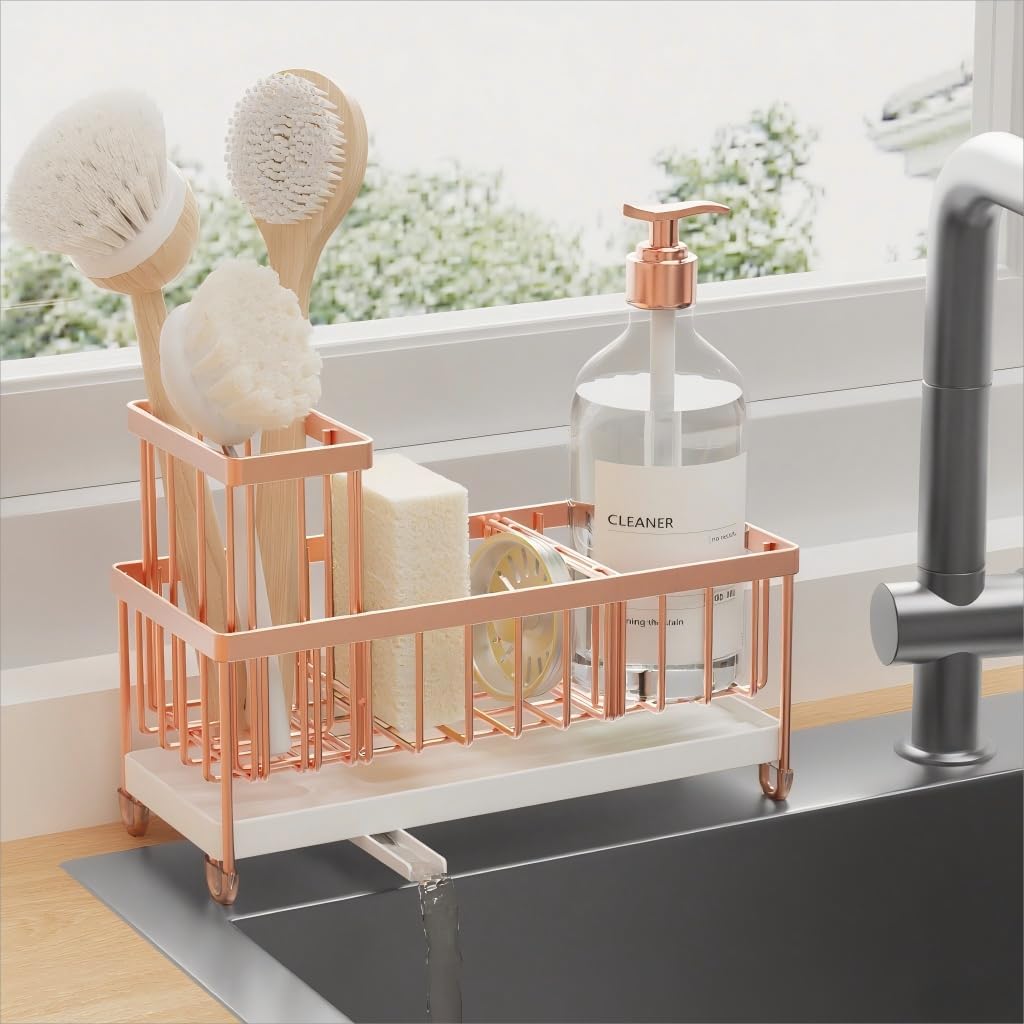 Cisily Kitchen Sink Caddy Organizer - Rustproof 304 Stainless Steel with High Brush Holder | Rose Gold, 9.25â