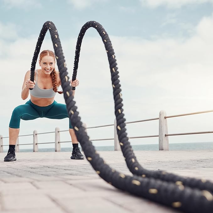 MECCANIXITY Battle Rope 10ft x 2 Inch Polyester Workout Rope Heavy Fitness Exercise Rope for Strength Training Home Gym Muscle Building, Black Yellow
