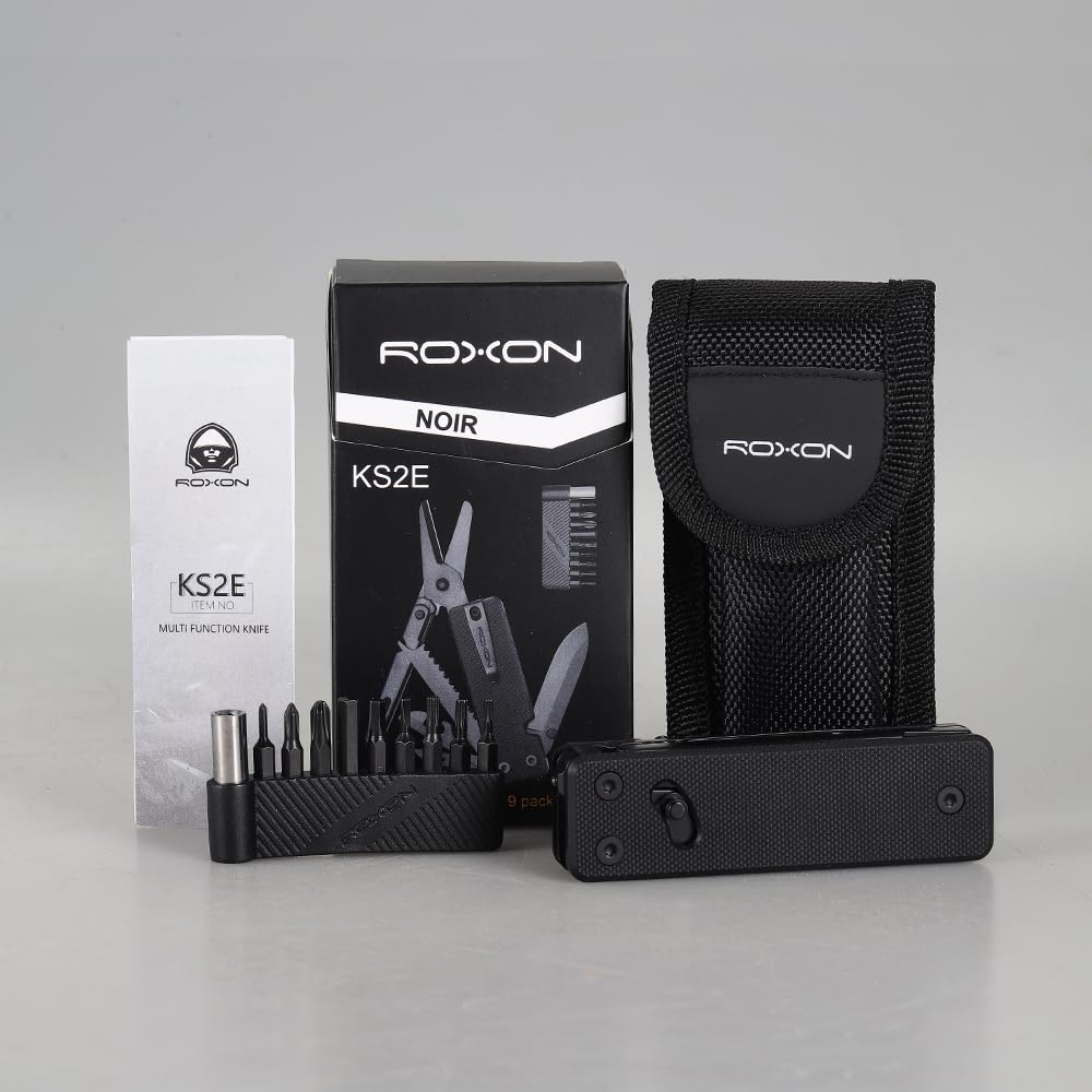 Roxon KS2E Noir Elite D2 Blade 13 in 1 Mini Multi Tool function pocket knife with big scissor, G10 handle and Pocket clip, good for Camping/Backpacking/Emergencies/EDC Multitool (D2 Steel Blade)
