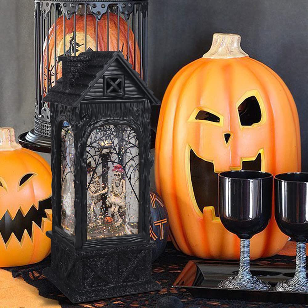 Eldnacele Halloween Ghost Projection Snow Globe Lantern with 6-Hour Timer, Lighted Plug-in & Battery Operated Water Glittering Snowing Globe Lamp for Spooky Fall Halloween Indoor Decoration(Skeleton)