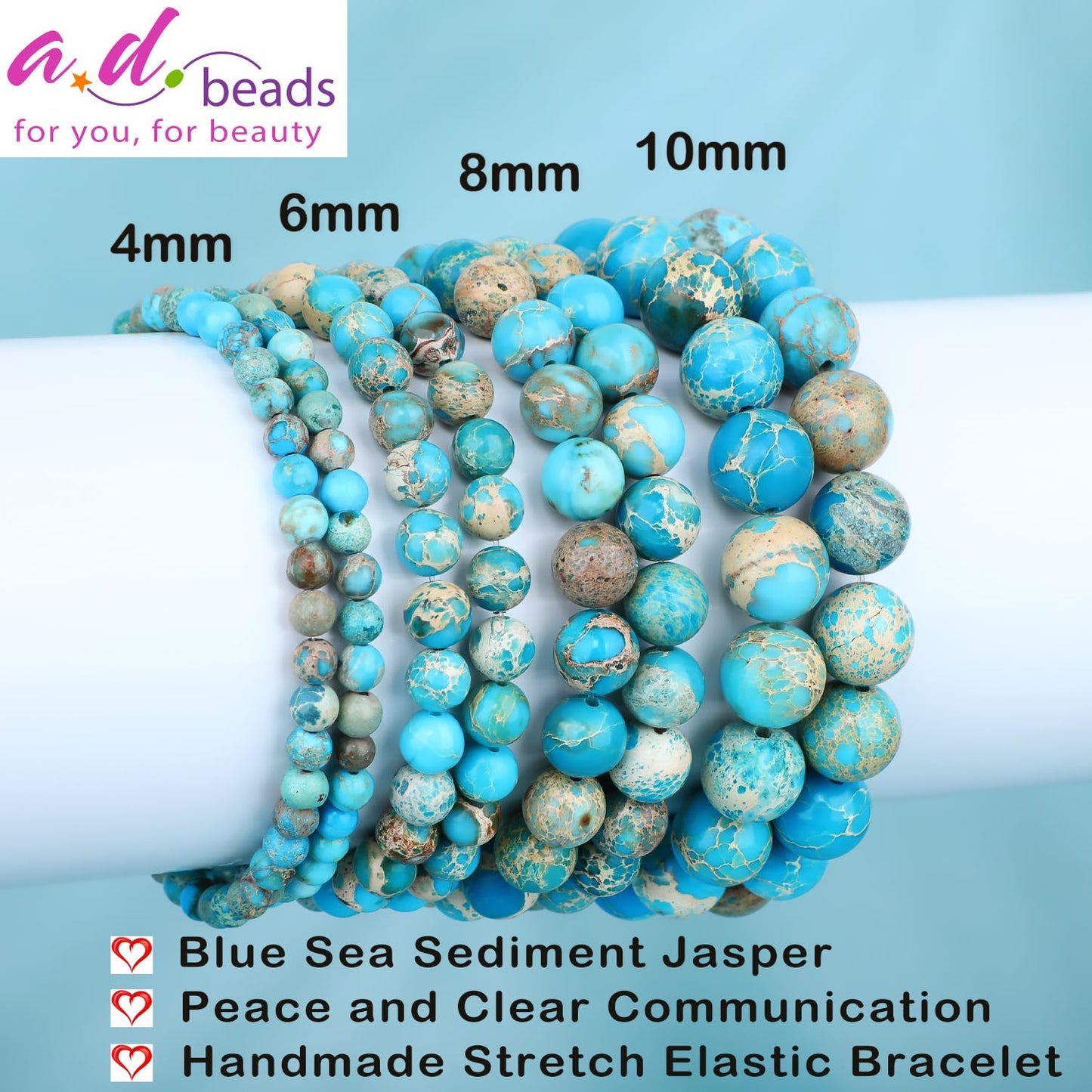 AD Beads 10mm Handmade Blue Sea Sediment Imperial Jasper Elastic Bracelet โ Natural Gemstone for Joy & Positivity โ Meditation, Yoga, Healing and Energy Gift for Men Women