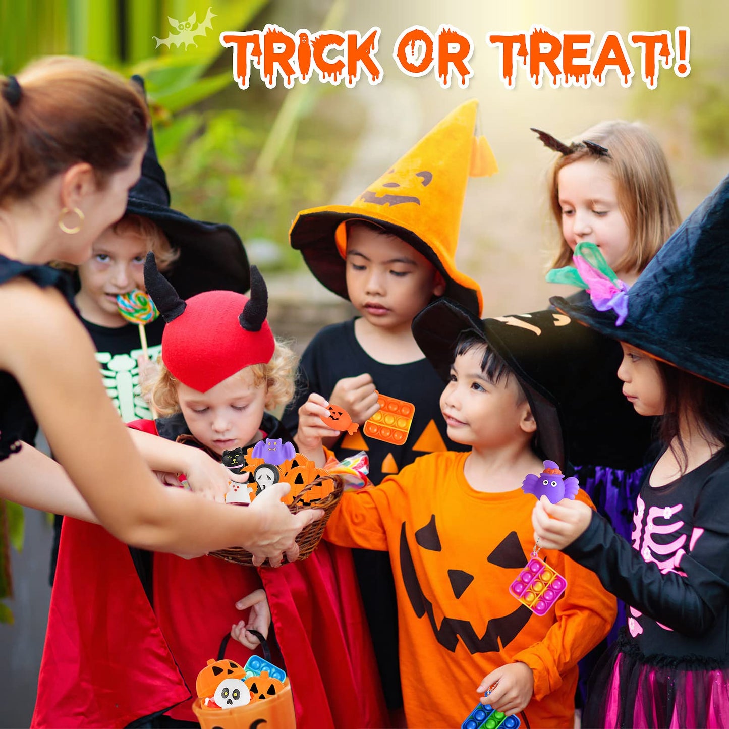 48 Halloween Toys Pack with Pumpkin Box, Halloween Party Favors Gifts for Kids, Squishy Mochi Toys in Bulk with Bubble Push it Keychain, Halloween Treat Bags Fillers, Trick or Treat Classroom Prizes