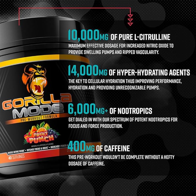 Gorilla Mind Pre Workout - Massive Pumps Laser Focus Energy Power - L-Citrulline, Creatine, L-Tyrosine, Betaine, Hydroprime, Alpha-GPC, 400mg Caffeine, Huperzine A - 812g (Cherry)