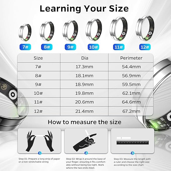 Ultra-Thin Smart Ring for Women Men,Sleep Tracker Ring with Heart Rate, Waterproof Fitness Ring for Activity Monitoring/Steps/Calories,No Subscription Fee,for iSO & Android (Silver,12#)