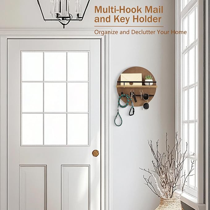 dreampossible Key Holder for Wall Decorative with Shelf and Hooks, Mail Organizer Wall Mount with Sunglasses Holder, Circular Design Entryway Key Rack Hanger, Rustic Home Decor