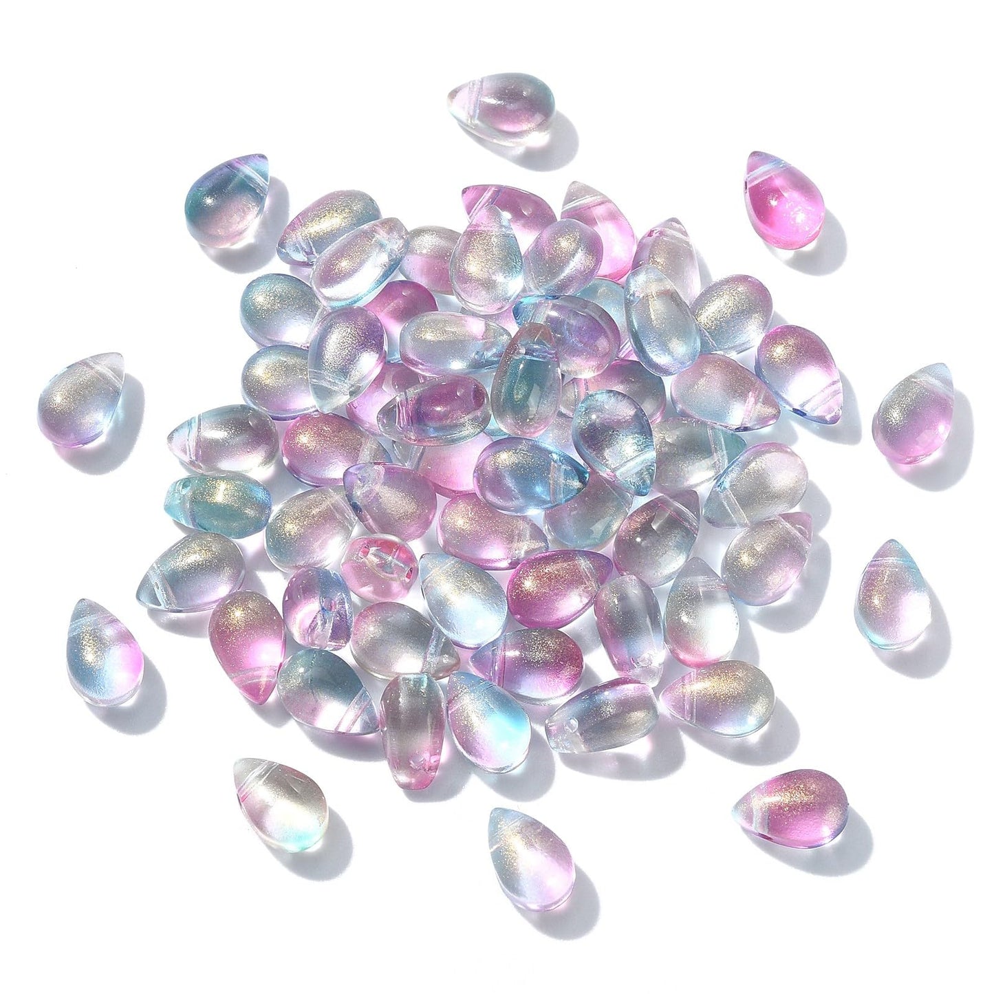 UR Urlifehall 100 Pcs Glass Teardrop Charms Transparent Spray Painted Glass Beads with Glitter Powder Beads for DIY Jewelry Crafts Making