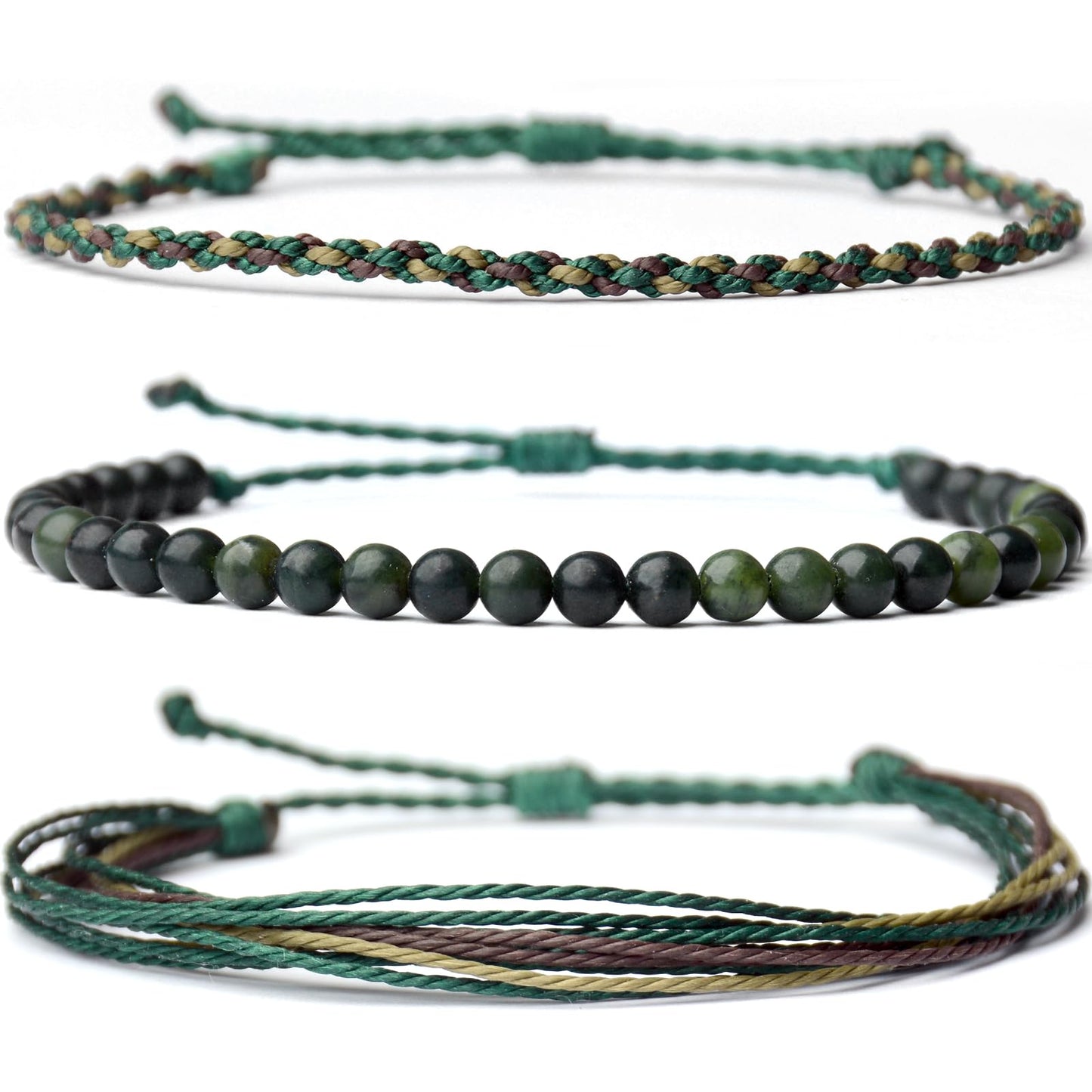 Handmade Natural Stone Beaded Healing Bracelet Gift for Men Adjustable Rope String Bracelet (Southern jade(Ink), Adjustable)