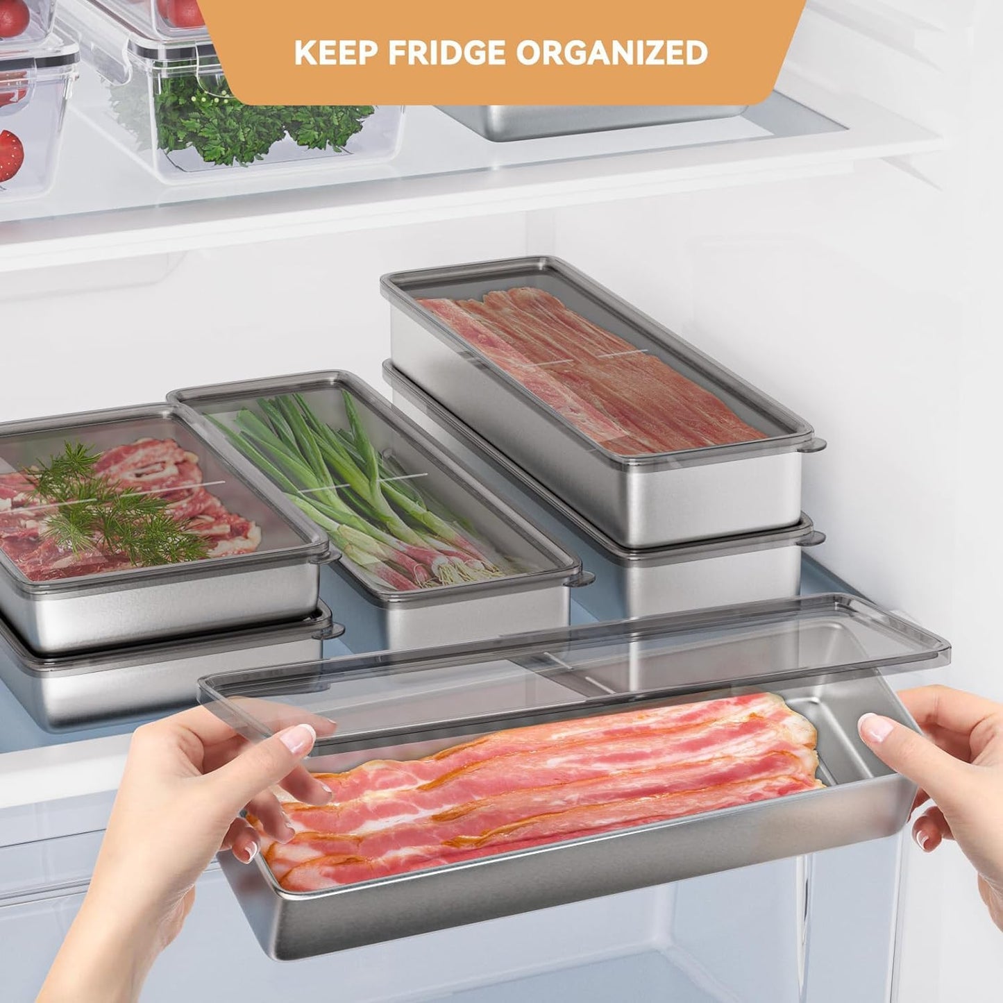 Freshmage Cheese Container for Refrigerator 2 PCS, Stainless Steel Airtight Deli Meat Storage Containers for Fridge Dishwasher Safe Kitchen Fridge Organizers and Storage with Elevated Baseā¦ā¦
