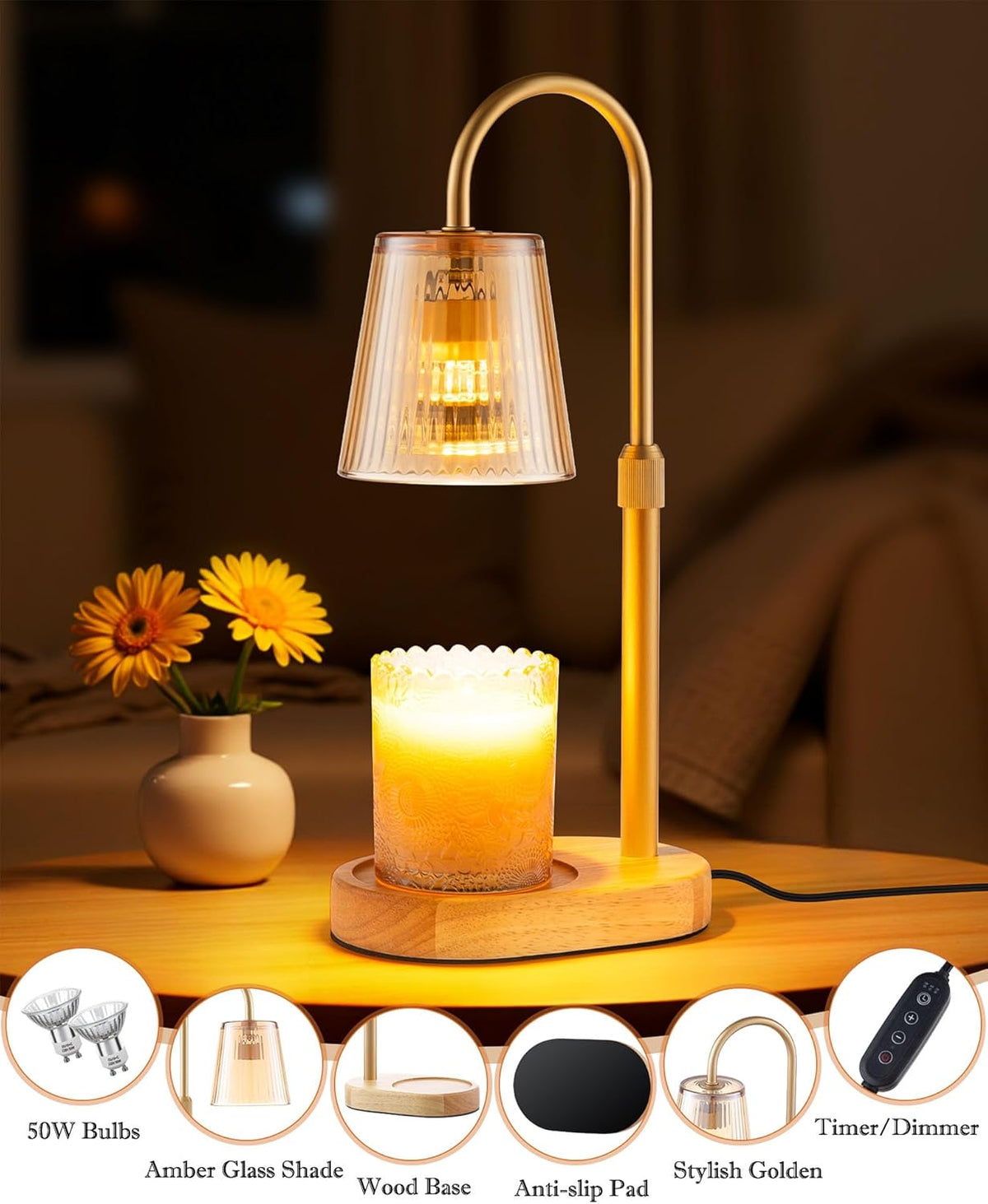 Skiennix Adjustable Candle Warmer Lamp - Dimmable Electric Wax Melter with Timer | Perfect for Small Jar Candles, Modern Home Decor