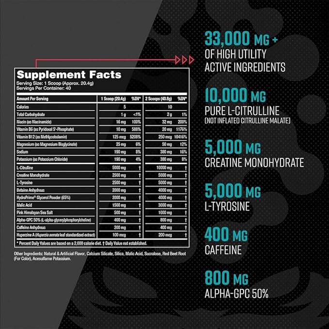 Gorilla Mind Pre Workout - Massive Pumps Laser Focus Energy Power - L-Citrulline, Creatine, L-Tyrosine, Betaine, Hydroprime, Alpha-GPC, 400mg Caffeine, Huperzine A 800g (BlackBerry Lemonade)