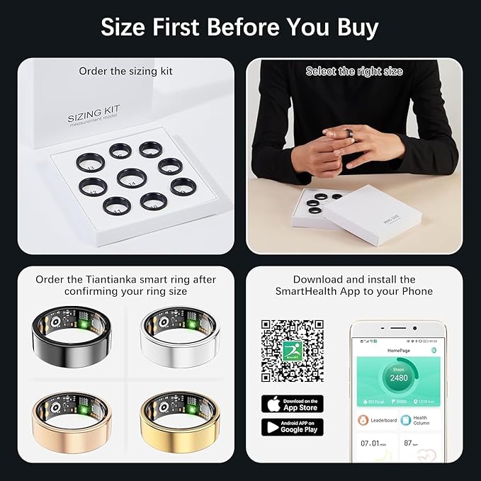 Ring Health Tracker for Women Men, Fit Ring with Heart Rate, Blood Oxygen, Sleep Monitor, Calories, Step Counter, IP68 Waterproof Smart Ring for iPhone & Android, No Subscription Fee (Black, 13#)