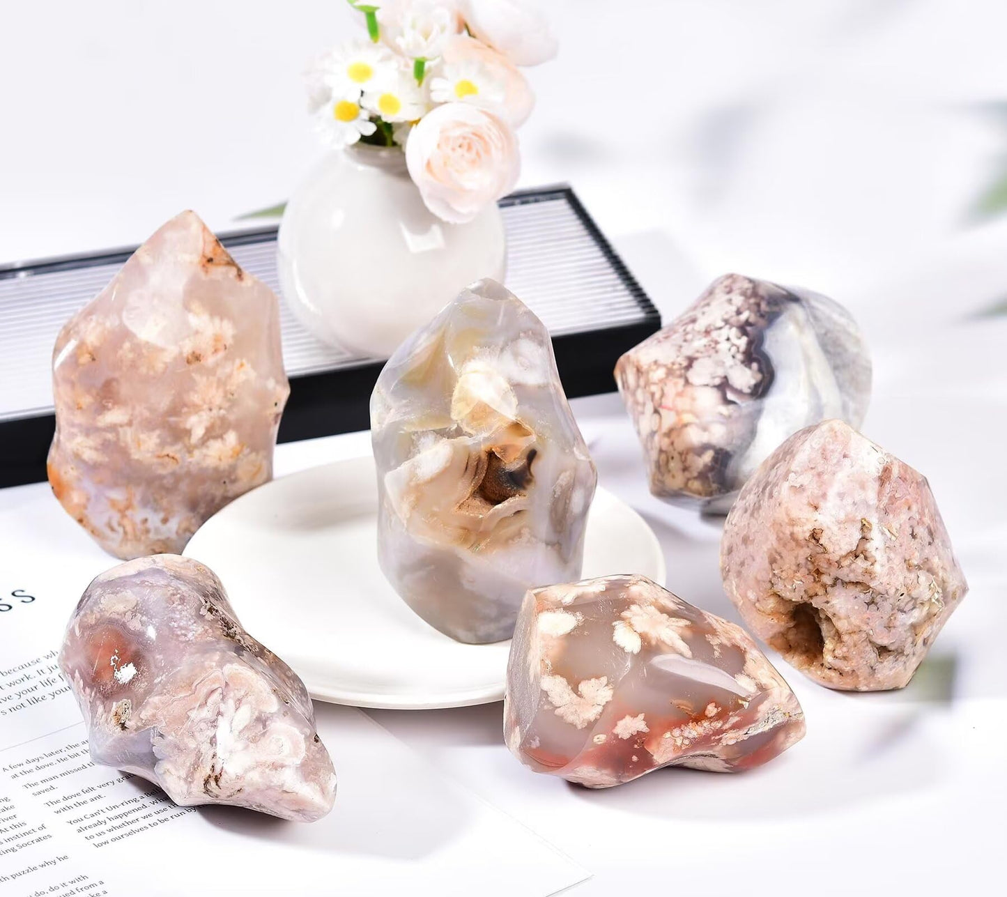 AMOYSTONE Cherry Blossom Agate Flame Shaped Stone Towers Obelisk Flower Agate Natural Healing Crystal Quartz Reiki Energy Decoration Home Office 0.6-1.0LBS