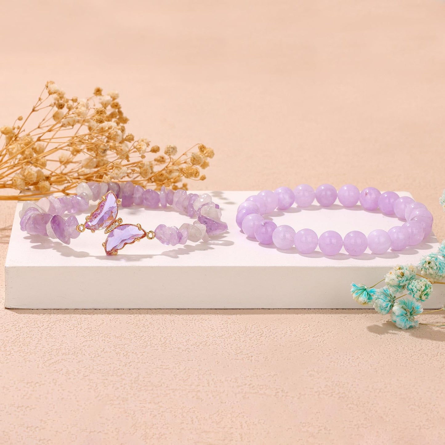 GolbalJew Purple Jade Stone Bracelet for Women Healing Crystal Stone Butterfly Charms Bracelets Gemstone Beads Stretch Bracelet Jewelry Women Gift