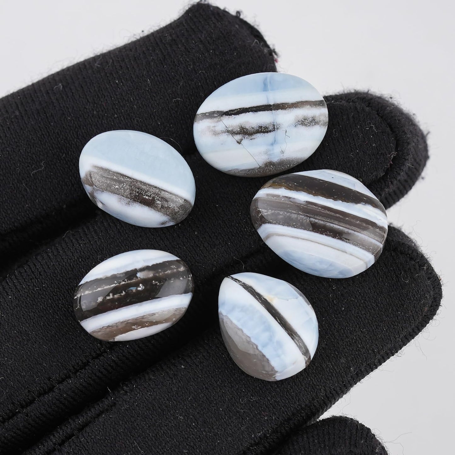 CRYSTALIS Wholesale 5pcs Natural Banded Blue Opal Loose Gemstone Bulk Cabochons Jewelry Making Supply, Chakra & Healing Polished Stones, Wire Wrapping, DIY, Gem Collection, 10-15mm
