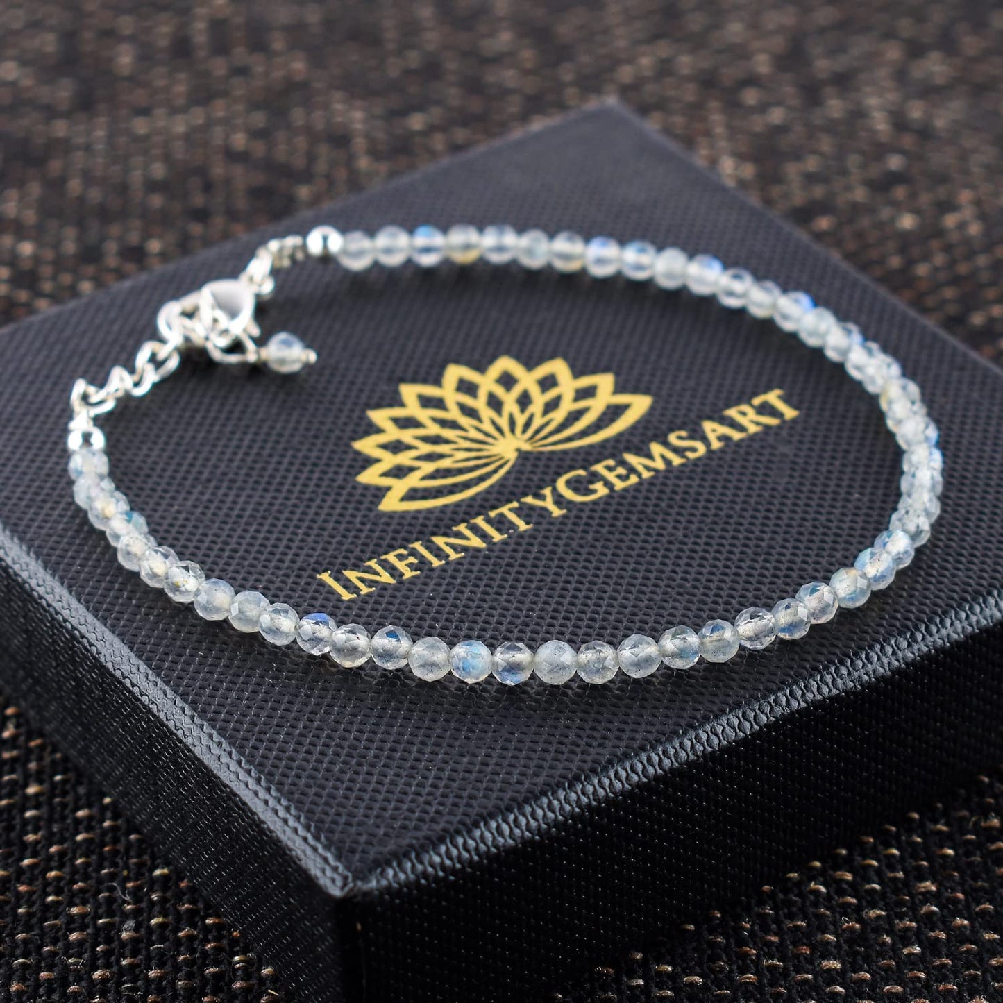 YANARA Natural Labradorite Bracelet Gemstone Micro Beads Dainty Jewelry for Women, Birthstone, Energy Healing Crystals, Silver Plated Chain 8 inch Birthday Gifts For Her