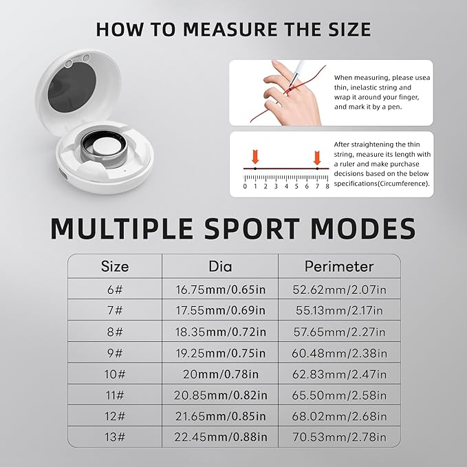 Smart Ring for Women Men, Health Fitness Tracker, 10ATM Waterproof Ring for iOS and Android, No Subscription Fee(Black, 7)
