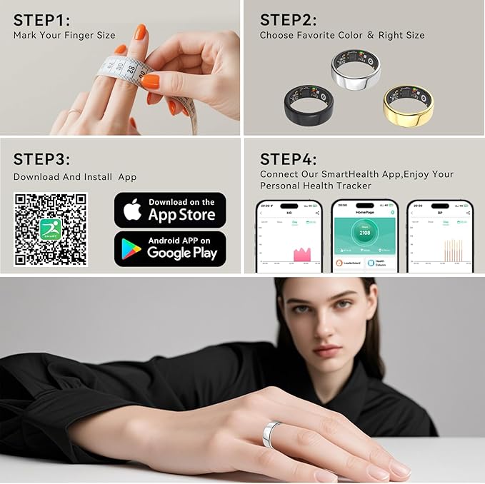 Smart Rings for Women Men,Fitness Tracker Ring,Heart Rate,Blood Oxygen,Blood Pressure,Step Tracker,Sleep Monitoring,No Subscription Fee,IP68 Waterproof Smart Ring for iphone&Android(Silver 10)