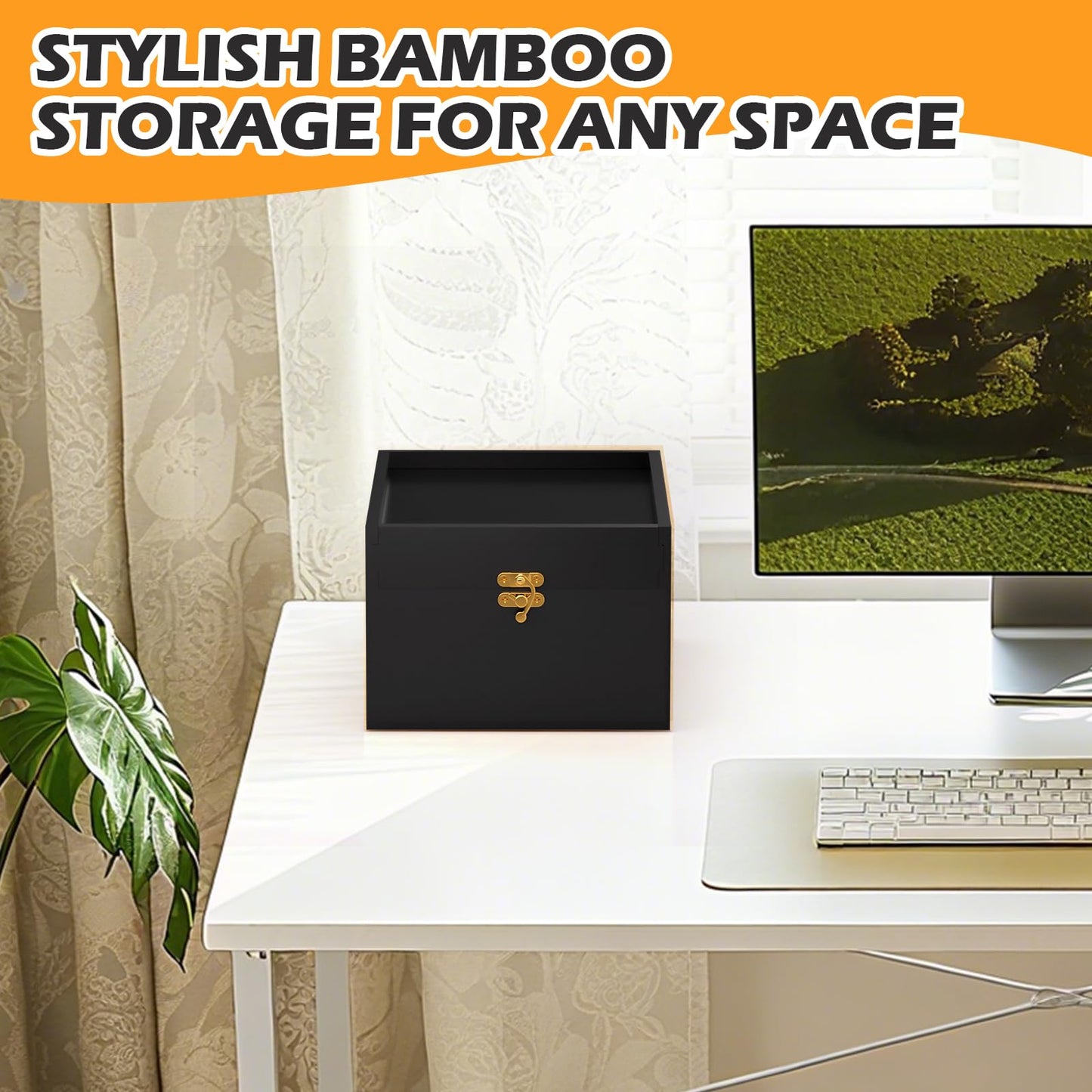 promitop Bamboo Storage Box with Lid โ Wooden Organizer with 4 Compartments, Sliding Cover & Metal Clasp Lock, Multi-Purpose Rectangular Stash Box, Eco-Friendly Bamboo Box for Home & Office