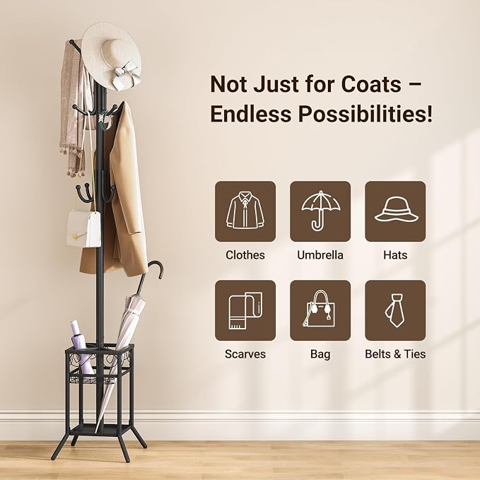 ELYKEN Coat Rack Freestanding, Coat Tree with Umbrella Holder, Metal Coat Rack Stand with 12 Hooks, Modern Standing Coat Hanger Stand, Hall Tree for Entryway Living Room Bedroom Office, Black