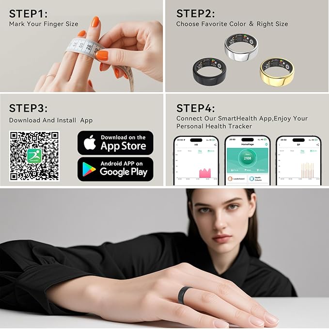 Smart Rings for Women Men,Fitness Tracker Ring,Heart Rate,Blood Oxygen,Blood Pressure,Step Tracker,Sleep Monitoring,No Subscription Fee,IP68 Waterproof Smart Ring for iphone&Android(Black 12)