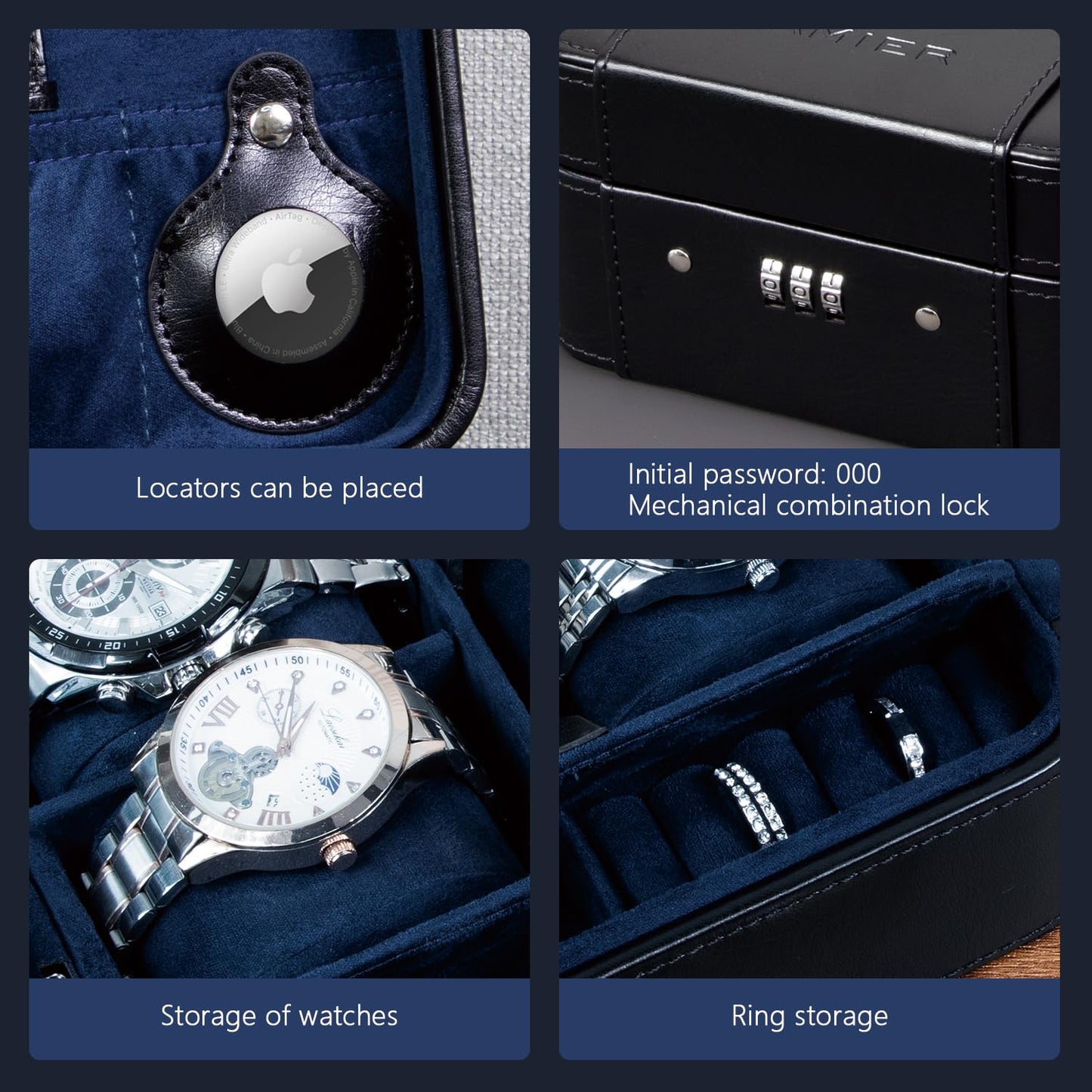 KAMIER Watch Case with Combination Lock - 4 Watch Storage and Jewelry Organizer - Watch Travel Case for Ring and Watch Storage, PU Leather Travel Watch Case, Ideal for Gift (With Gift Box),Black
