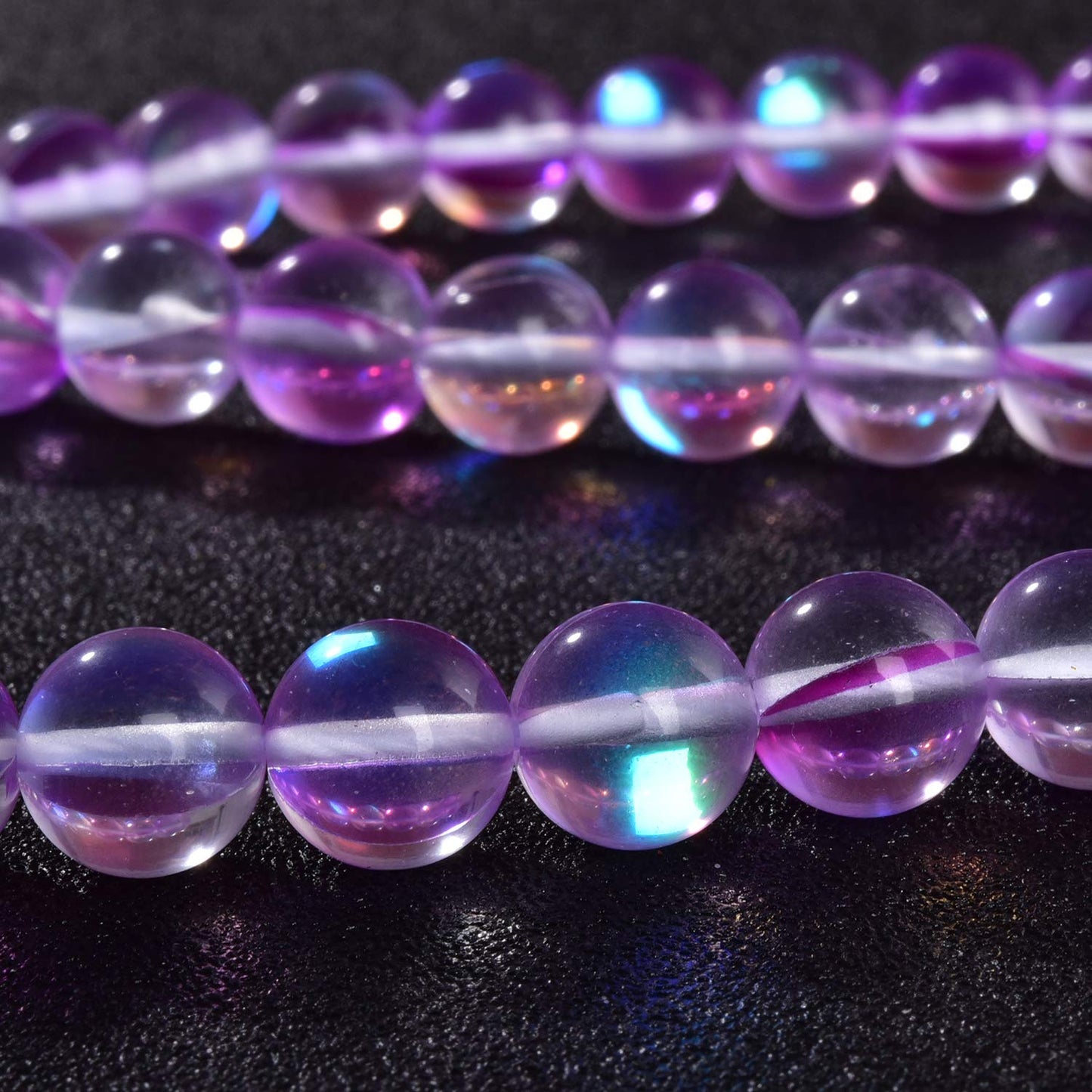 Asingeloo Purple Angel Aura Shining Round Gemstone Beads Polished Mermaid Aura Moonstone Quartz Beads for DIY Jewelry Making 1 Strand 15”(Purple,10mm)