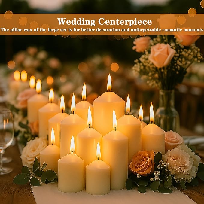 Ivory Pillar Candles Bulk Set of 12ï¼? Different Lengths 3 x 3/6/8 Inch (4 Each),Hurricane Candles,Dripless Unscented Smokeless,Gives You a Better Atmosphere When Organizing an Event Party.
