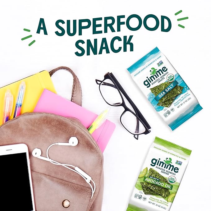 gimMe Organic Roasted Seaweed Sheets, Sea Salt, Keto, Vegan, Gluten Free, Great Source of Iodine and Omega 3’s, Healthy On-The-Go Snack for Kids & Adults, #1 Sea Salt, 0.17 Ounce (Pack of 40)