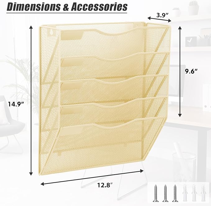 EASEPRES 5 Pocket Mesh Hanging Wall File Organizer, Wall Mounted Mail Paper Document Folder Holder, Clipboard Storage Organization Magazine Rack with Nametag Label for Office Home School, Gold