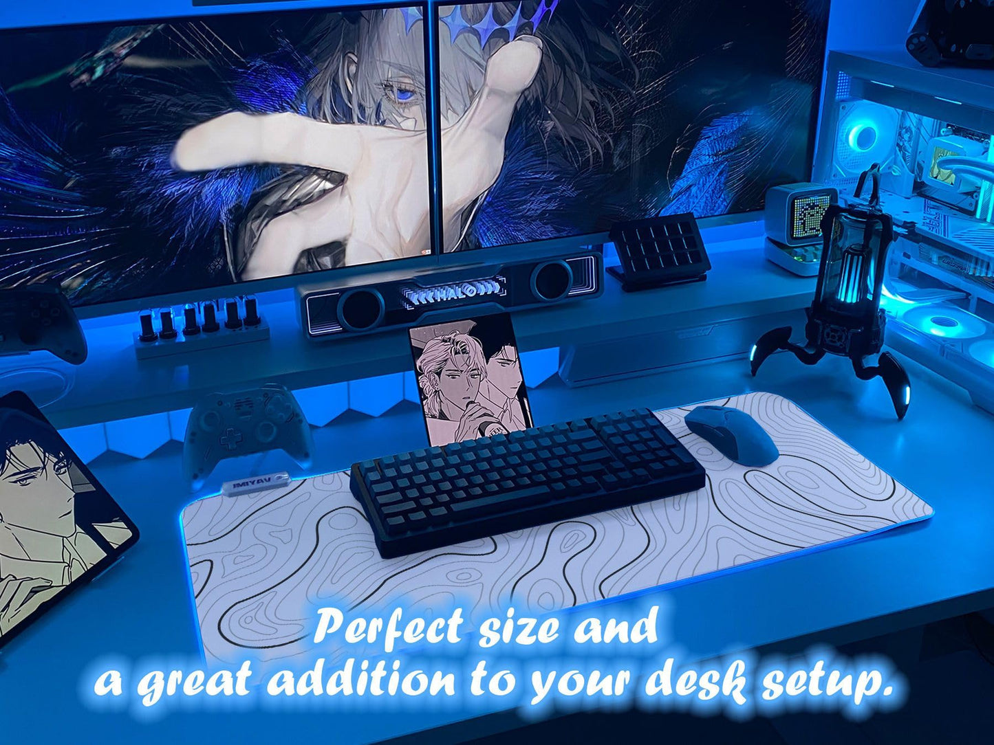 JMIYAV Gaming Mouse Pad RGB Mousepad Non-Slip Rubber Base Extra Large Cool XL XXL Computer Desk Pad Gaming Accessories Setup LED Light Up Big Mouse Pad for Gamer White Topographic (31.5x12In)