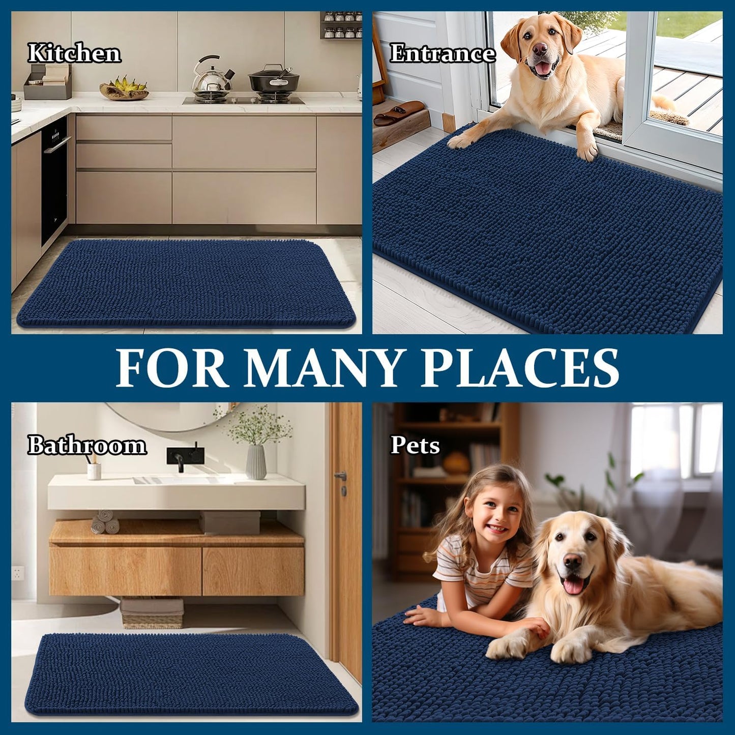 OLANLY Dog Door Mat - Absorbent Non-Slip Chenille for Muddy Paws | 32x20 Dark Blue Quick Dry Doormat