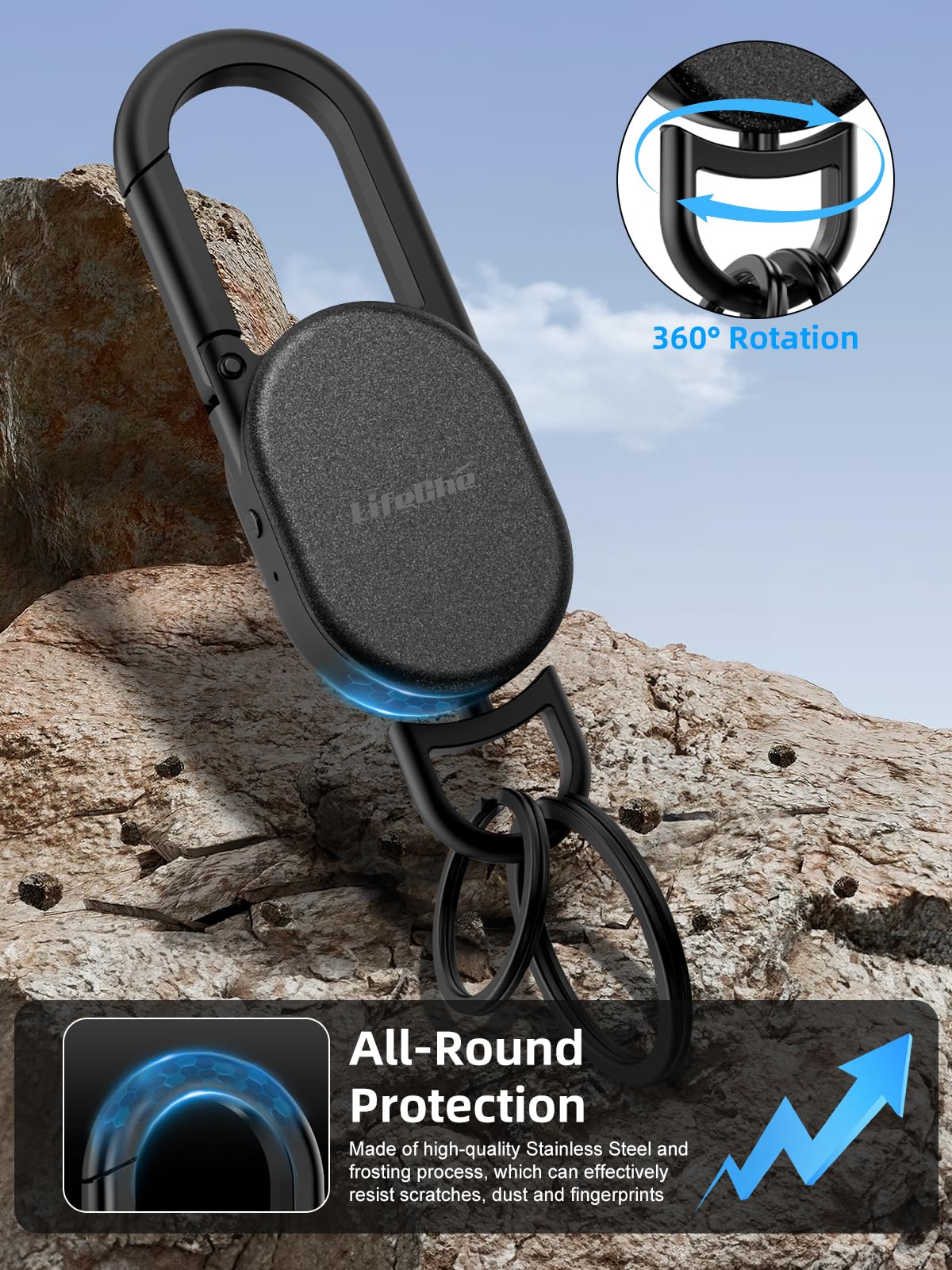 Keychain, Key Finder Built-in Anti-Loss Tracker, Heavy Duty Key Holder, Premium Stainless Steel Keychain Carabiner Car Key Chains with GPS Global Locator Tracking Waterproof (Black)