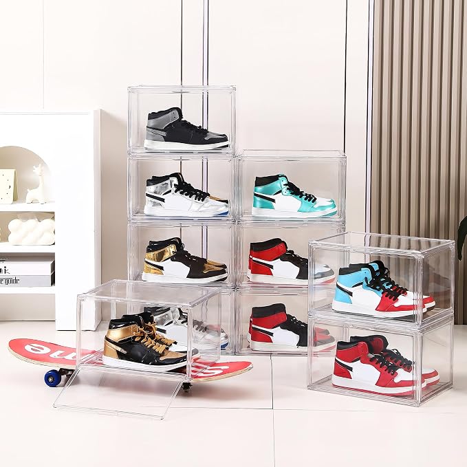 BVBOX Acrylic Shoe Storage Boxes with Magnetic Door - 360° Clear Stackable Shoe Display Box Set, Plastic Shoe Cabinet Rack Box for Sneakers Heels Shoes (1, Clear, XL - Side Open)