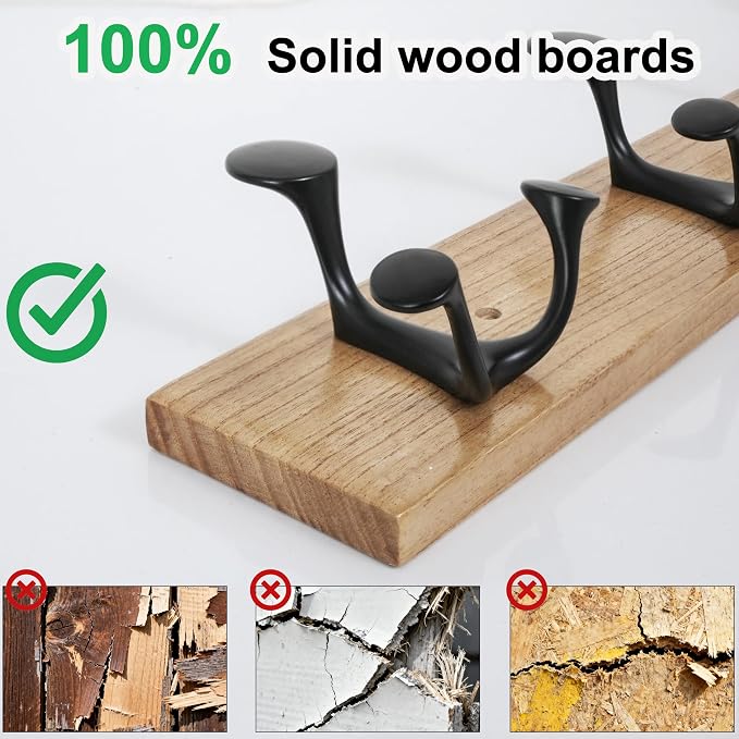 SKOLOO 24-Inch Wood Coat Rack Wall Mount with 4 Triple Hooks - Ideal for Family Entrances, Classrooms, and Pet Supplies Storage - Perfect Coat Hooks for Wall, Black on Natural