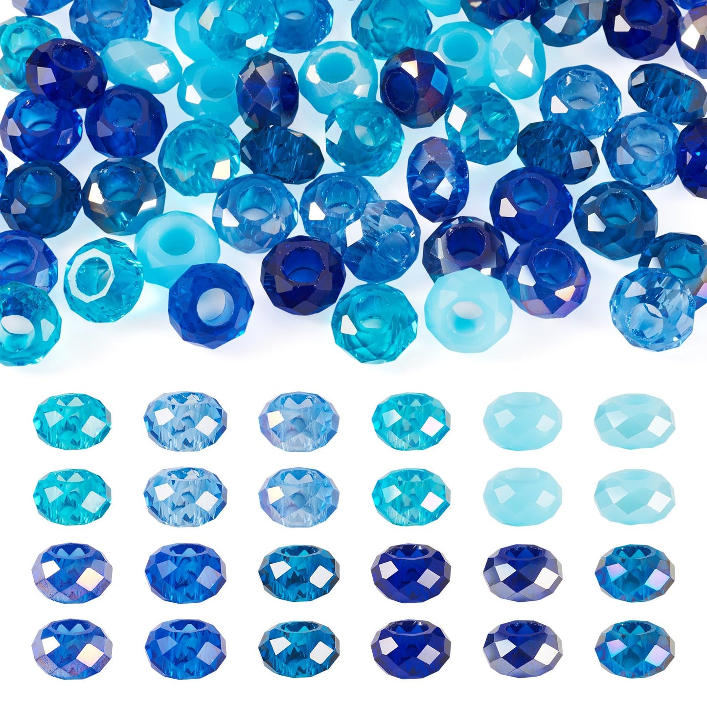Craftdady 60Pcs Blue Color Theme European Beads Large Hole Faceted Glass Bead Blue Rondelle Bead Crystal Loose Spacer Beads for Jewelry Making DIY Pens Snake Chain Charm,12 Colors