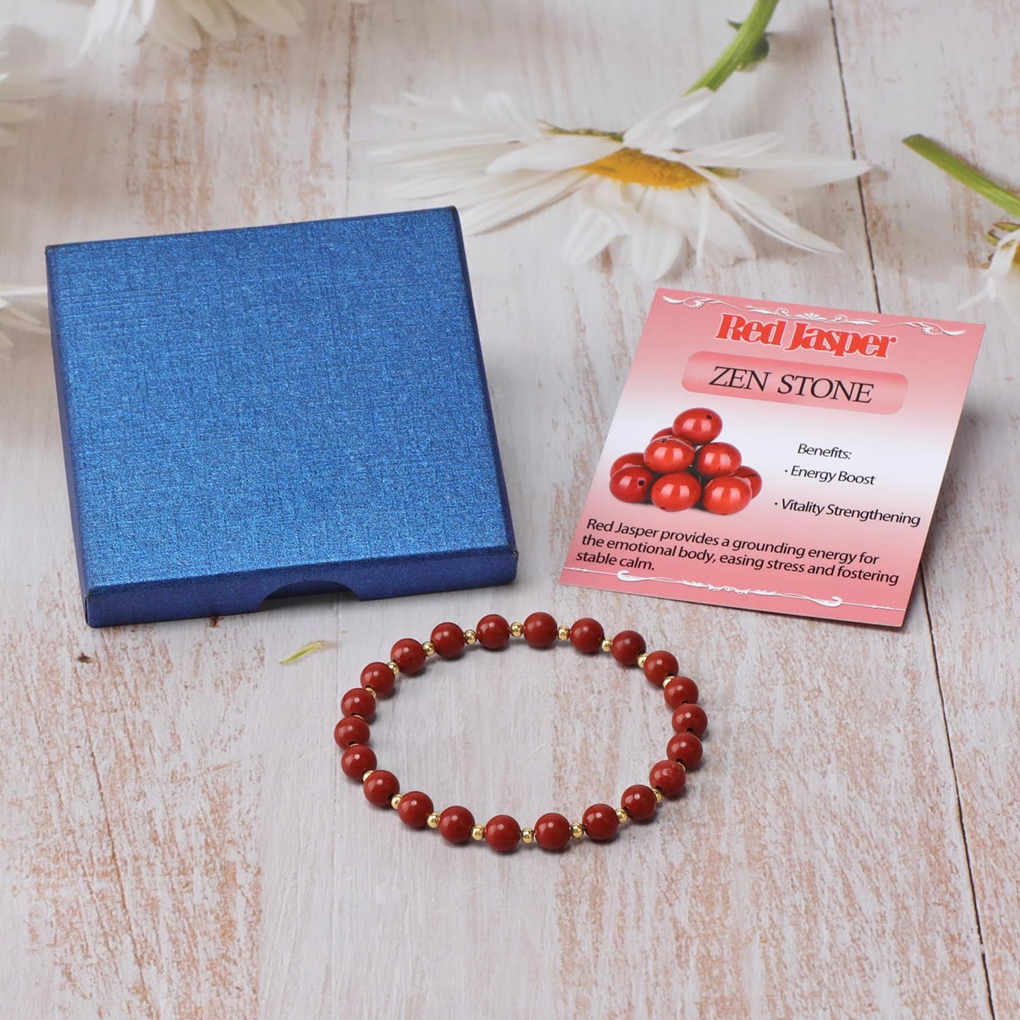QOGIR Red Jasper - Zen Stone - 14K Gold Plated Beads Natural Gemstone Stretch Elastic Dainty Healing Beaded Bracelets Gifts 6mm