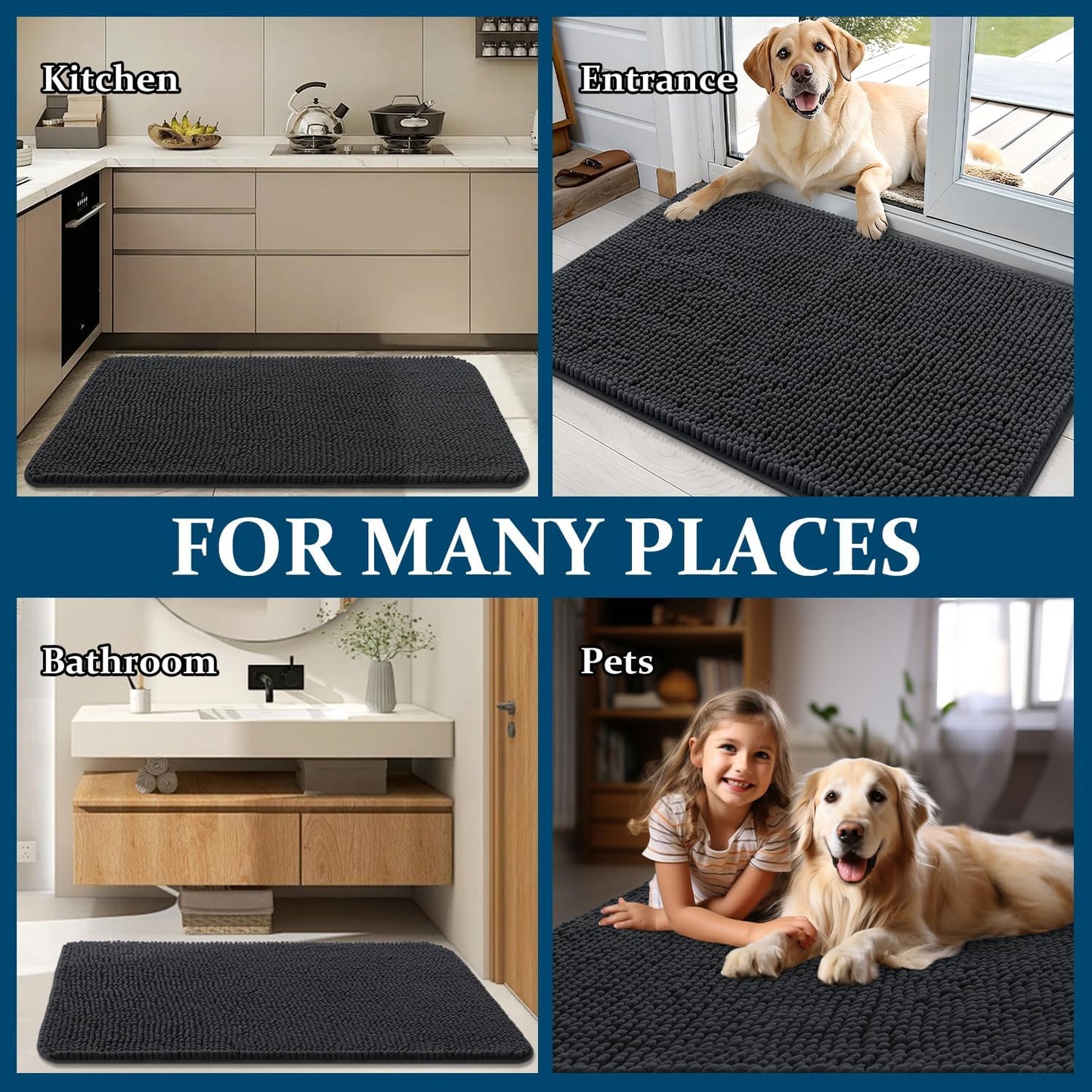 OLANLY Dog Door Mat - Absorbent Non-Slip Chenille Mat for Muddy Paws | 59x32, Dark Grey Indoor Entryway Carpet