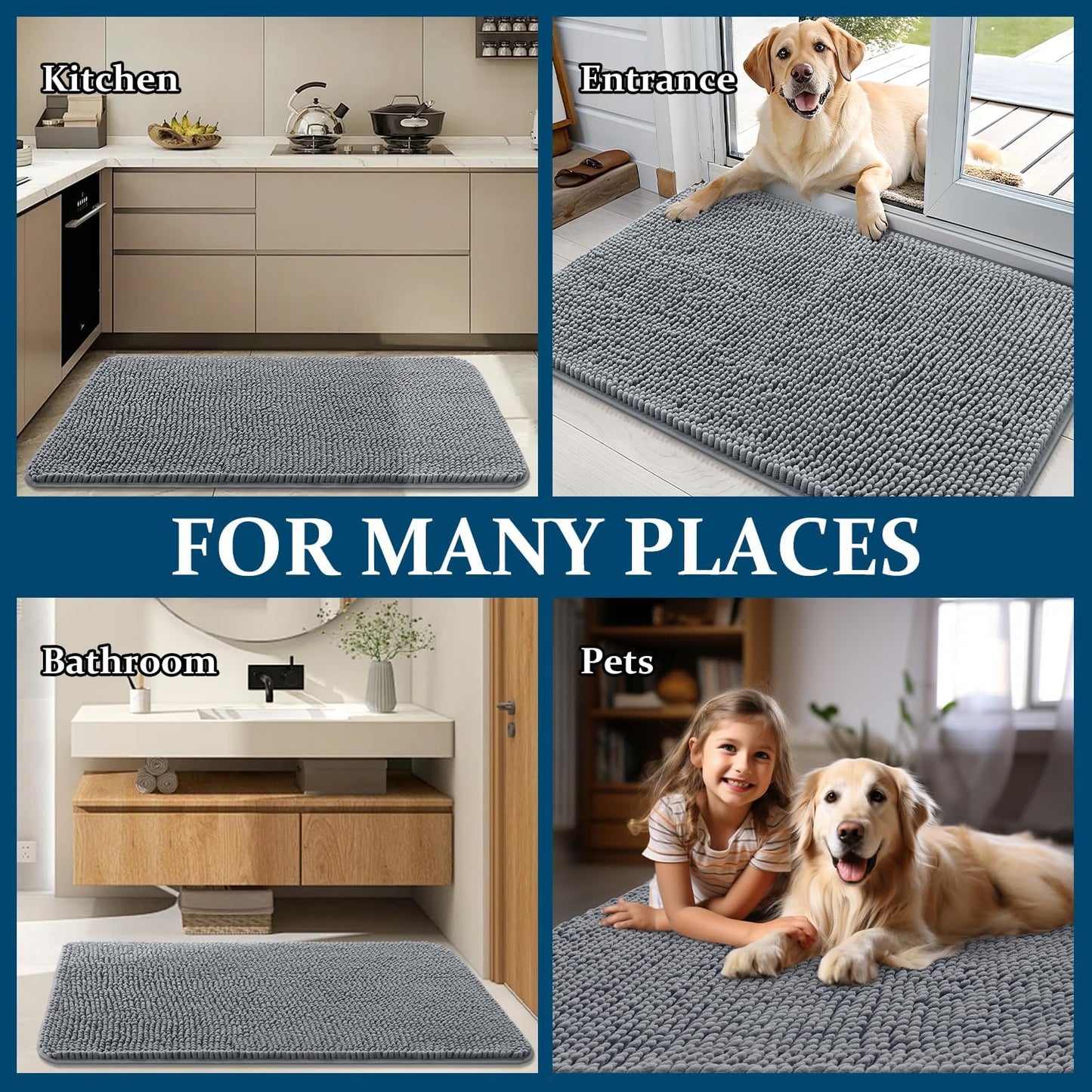 OLANLY Dog Door Mat - Absorbent Non-Slip Chenille Mat for Muddy Paws | 70x32 Grey Indoor Entryway Carpet