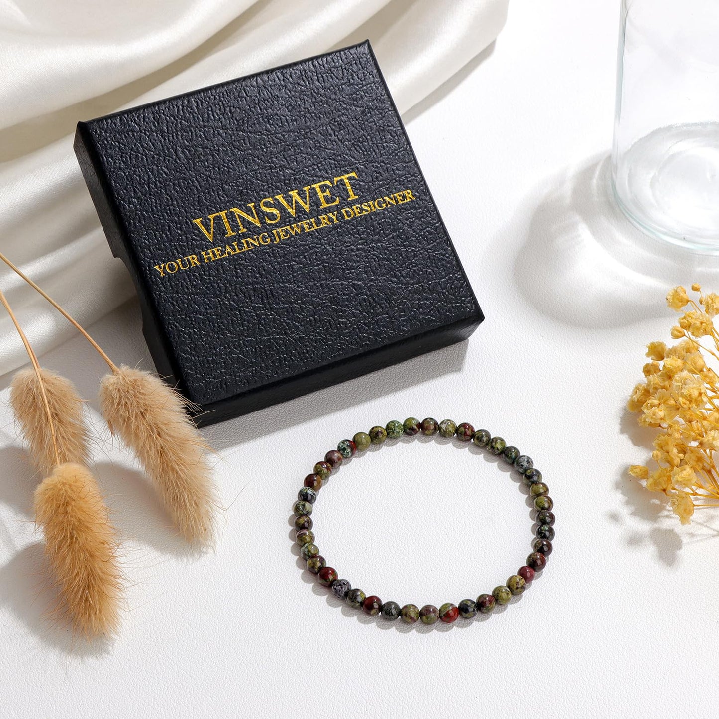 Vinswet Healing Crystal Bracelets for Women Men 4mm Dragon Bloodstone Natural Stone Beaded Stretch Bracelet Handmade Gemstone Reiki Spiritual Jewelry Gifts