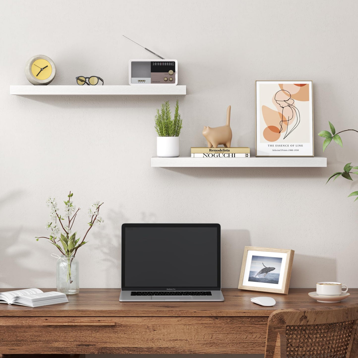 Heimlove 24 Inch Floating Shelves for Wall,Mounted Storage Wood Shelves with Invisible Brackets Hanging Shelf for Bedroom,Living Room,Kitchen,Office,Set of 2,White