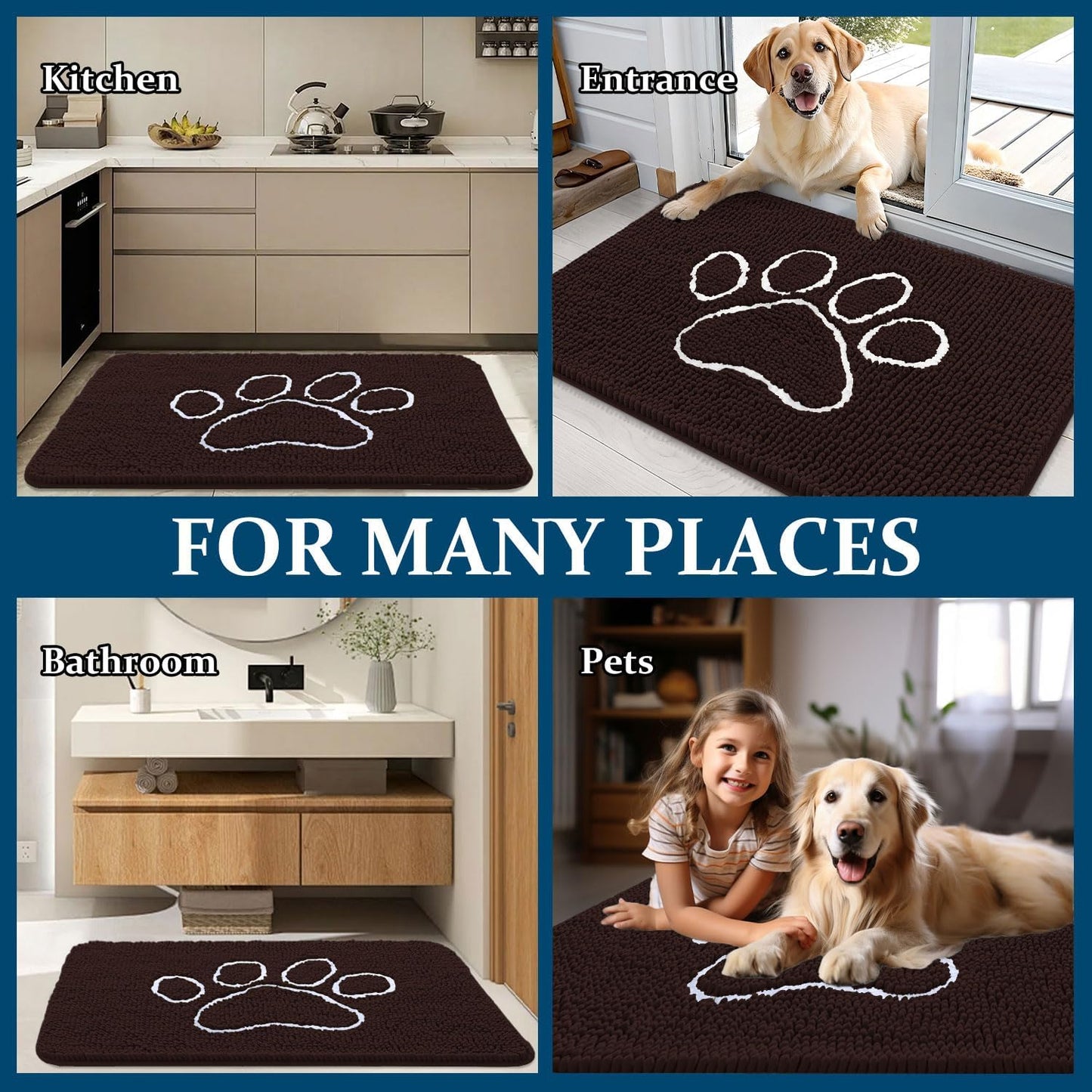 OLANLY Dog Door Mat - Absorbent Non-Slip Mud Mat for Paws | 70x24 Inches, Quick Dry Chenille, Brown