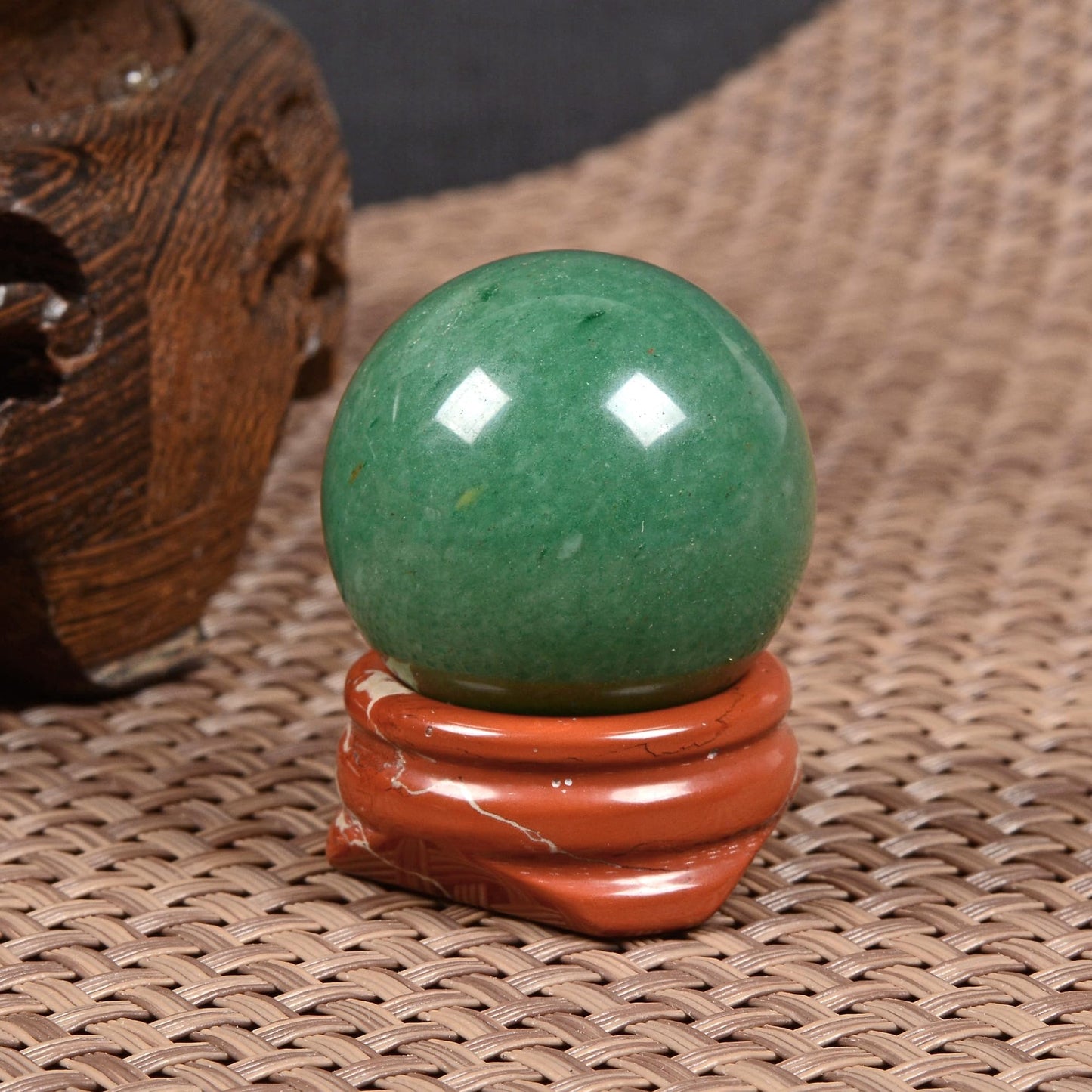 Justinstones Natural Polished Green Aventurine Sphere with Red Jasper Stand – Handcrafted Gemstone 30mm Ball for Energy Healing, Meditation, and Home Décor