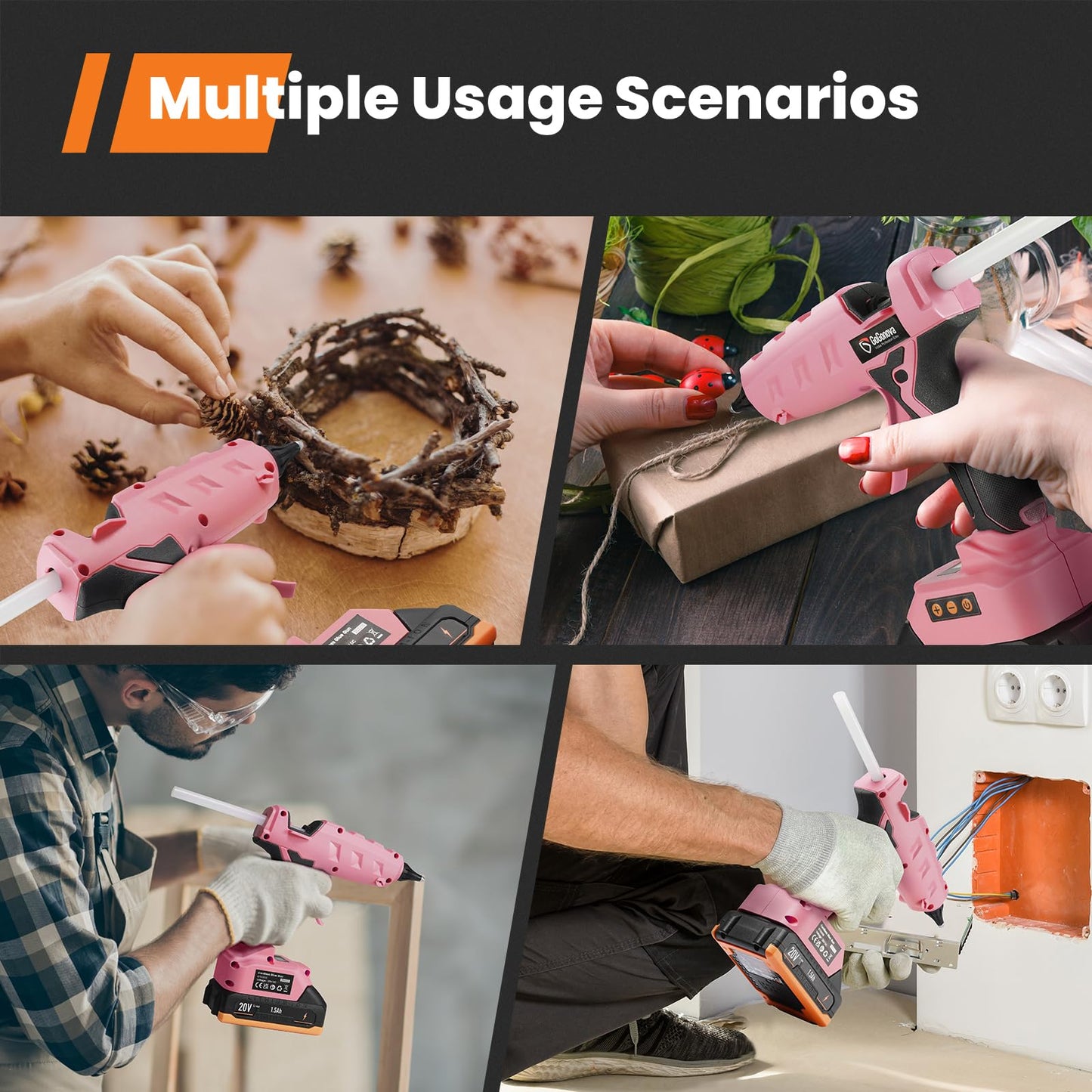 Full Size Cordless Glue Gun, GoGonova 20V Temp Adjust LCD Digital Display Fast Heating Accurate Dual Temp, Dripless Full Size Heavy Duty Hot Gun Kit with 12 Pcs Sticks (Battery Included)