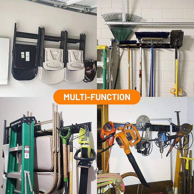 Wallmaster Garage Storage Organization Wall Mount, Garden Tool Rack Organizer Heavy Duty Folding Chair Hangers with 6 Adjustable Hooks 48inch Tracks Max Load 450lb